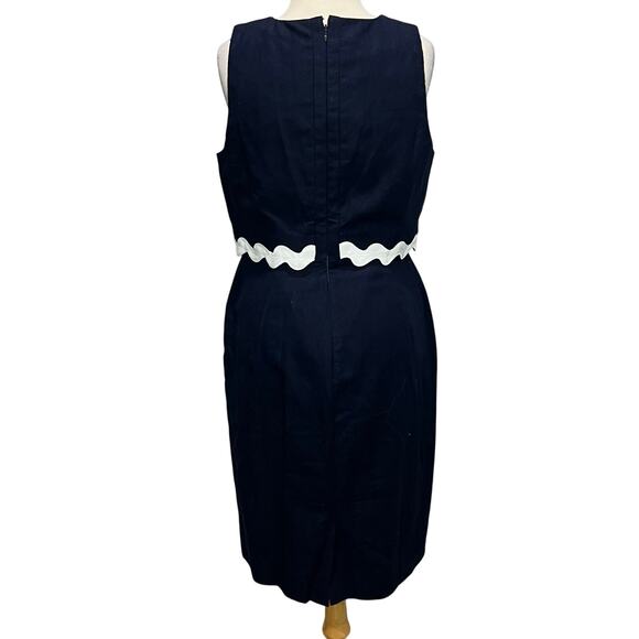 J Crew Sheath Dress Size 8 Blue White Rickrack Trim Linen Blend Classic Preppy - Picture 4 of 13